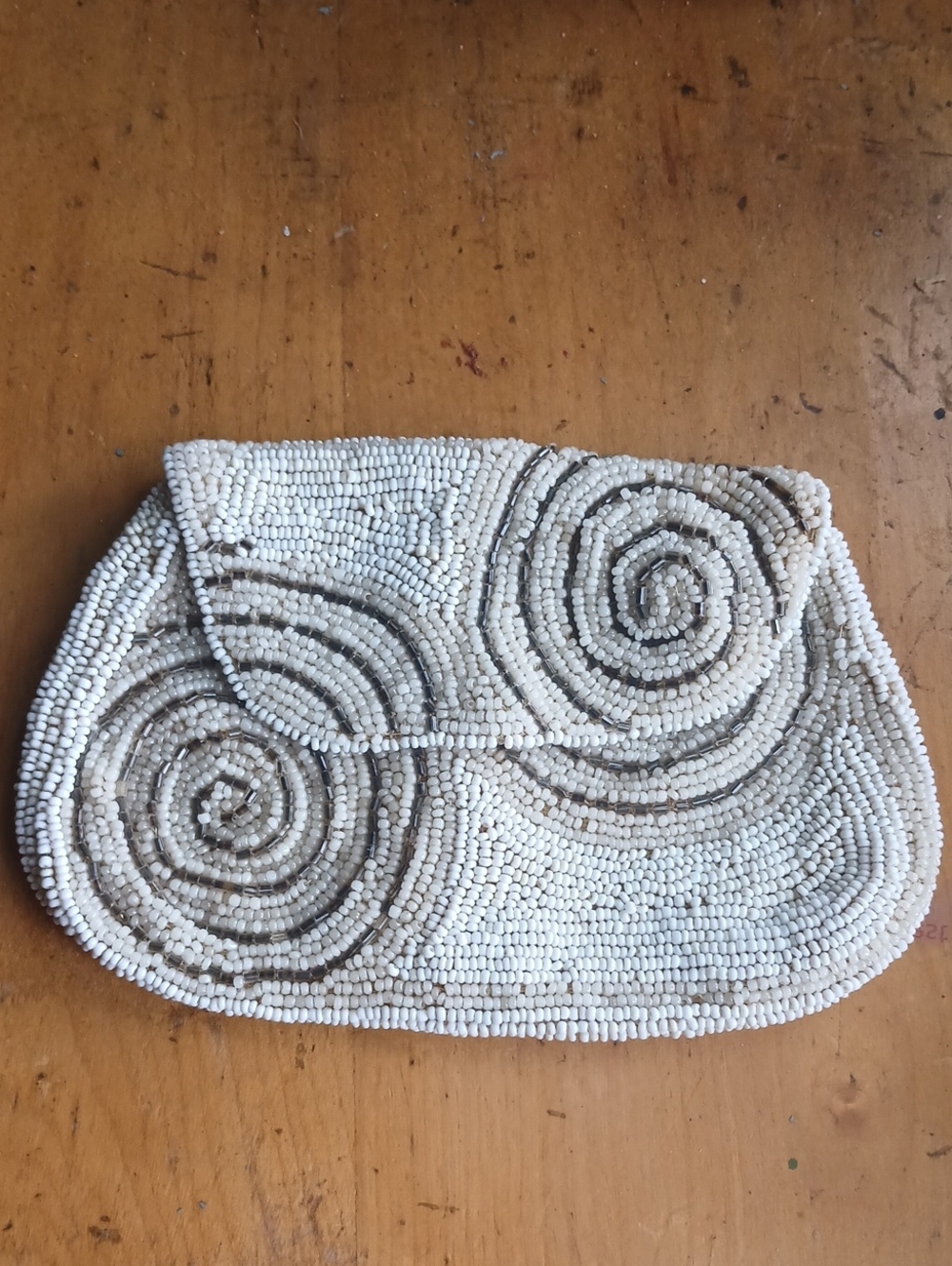 Vintage Hand-Beaded White and Cream Spiral Clutch 1930-1950s